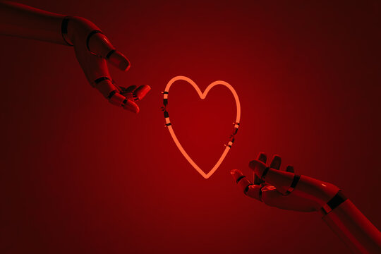 Robot hands holding a Neon heart