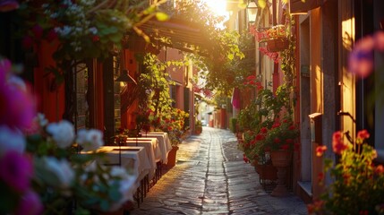 Ristorante italiano tipico con fiori nel vicolo storico al tramonto - obrazy, fototapety, plakaty
