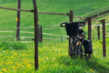 bicycle in the grass - obrazy, fototapety, plakaty