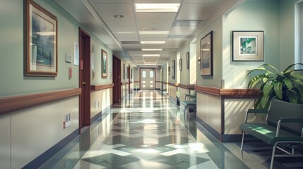 Serene and modern hospital corridor with gleaming floors and tranquil lighting