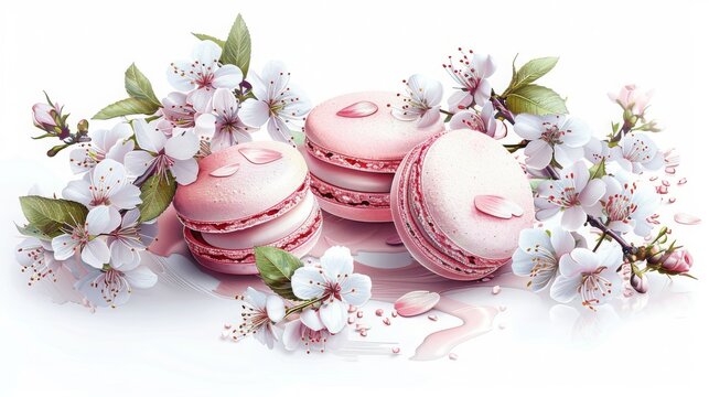 Hand painted watercolor set - macaroon isolated on on white background with cherry blossom.
