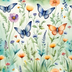 watercolor butterflies and flowers - obrazy, fototapety, plakaty
