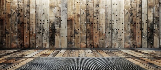 Interior metal flooring against a wooden wall background