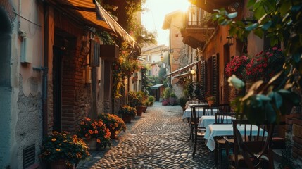 Tipico ristorante italiano nel vicolo storico al tramonto - 789545976