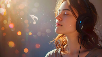 Happy young woman wearing headphones listening to music. The girl enjoy cool music. She closed her eyes and relaxed while enjoying the sound of melodious music. The notes are floating around the girl