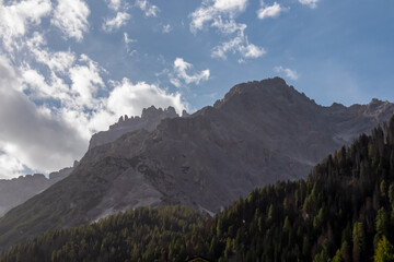 Scenic view of majestic mountain peak of Dreischusterspitze in untamed Sexten Dolomites, South Tyrol, Italy, Europe. Hiking in panoramic Fischleintal (Val Fiscalina), Italian Alps. Wanderlust concept