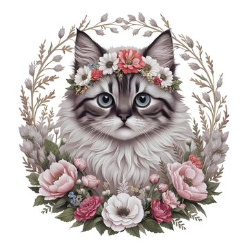 minskin cat with a flower crown