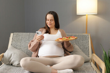 Pretty young woman sitting on sofa holding plate with pizza smiling using smartphone browsing internet web pages enjoying unhealthy snack posing in cozy living room with unhealthy dinner