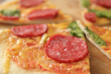 Unhealthy snack. Fast food nutrition. Closeup of delicious pizza with salami