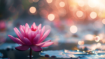 Luminous lotus flower on tranquil water. Digital art with bokeh light effect. Concept Vesak day Buddhist lent, Buddha birthday