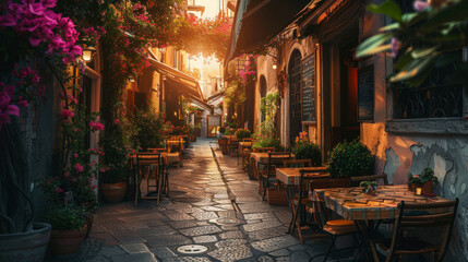 Fototapeta na wymiar Tipico ristorante italiano nel vicolo storico al tramonto