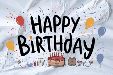 Birthday card with happy birthday lettering with bright color. Birthday background design. Birthday congratulations. Hand drawn cartoon illustration - obrazy, fototapety, plakaty