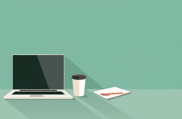illustration of a laptop on a desk with a coffee cup, notepad and pen on a simple green background in the style of a flat design with flat colors Generative AI