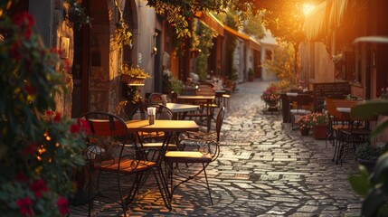 Tipico ristorante italiano nel vicolo storico al tramonto - 789547139
