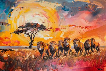 majestic lion pride at sunset in african wilderness circle of life concept oil painting - obrazy, fototapety, plakaty