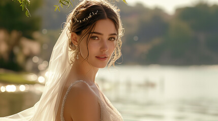 A Beautiful Bride's Wedding, wearing an elegantly detailed wedding dress, looking directly at the camera, her expression calm and content, in a serene lakeside setting, bathed in soft, golden light