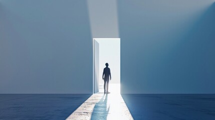 A person standing before an open door, with light streaming through, representing the anticipation and readiness to embrace new business opportunities - obrazy, fototapety, plakaty