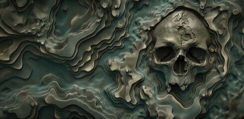 A topographic map of an island with the skull 