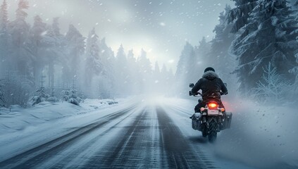 A lone motorcyclist braves a snowy road amid a forest, with flurries of snow and the glow of headlights.