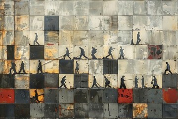 Against a mosaic of grayscale tiles, workers toil tirelessly, their efforts merging seamlessly with the geometric patterns of the industrial landscape.