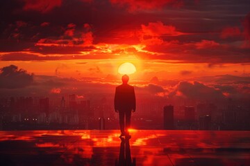 Fototapeta premium Against the backdrop of a setting sun, the shadow of a business magnate strains under the weight of a chest filled with dreams and ambitions.