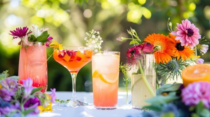Set di cocktail estivi colorati disposti su un tavolo all'aperto con fiori freschi. Ideale per promuovere feste ed eventi estivi. - 789547913