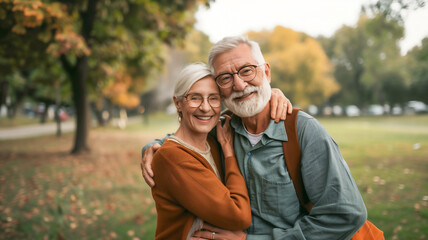 Senior couple hugging in park . Happy family health insurance concept .