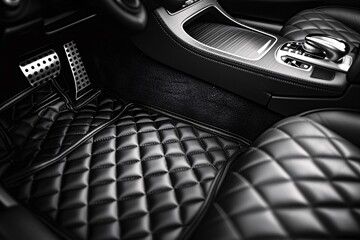 Elegant quilted leather car seats and pedal close-up showcasing luxury car interior design.