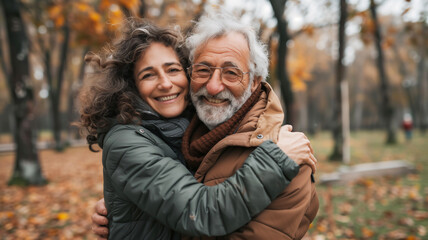 Fototapeta premium Senior couple hugging in park . Happy family health insurance concept .
