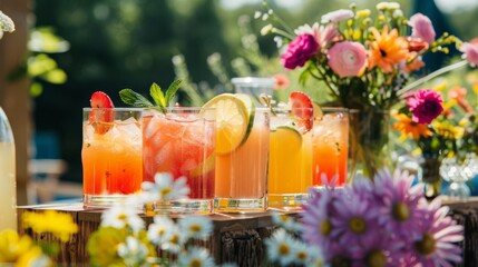 Set di cocktail estivi colorati disposti su un tavolo all'aperto con fiori freschi. Ideale per promuovere feste ed eventi estivi.