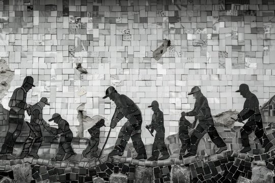 Against the mosaic of ceramic tiles, workers labor on, their figures blending seamlessly into the grayscale landscape of industrial progress.