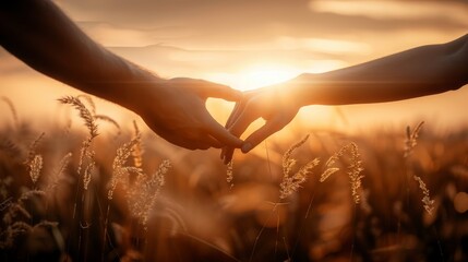 Couple holding hands in a field at sunset. concept passion and love - obrazy, fototapety, plakaty