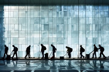 A group of workers in silhouette, each holding a different tool, against a backdrop of ceramic tiles in varying shades of gray.