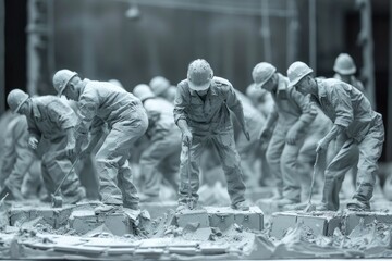 A symphony of labor unfolds against the backdrop of ceramic tiles, as workers, depicted in grayscale, engage in the timeless dance of industry.