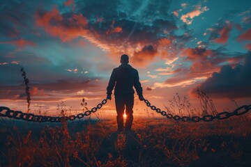 n the twilight's embrace, the silhouette of a driven entrepreneur strains against a bound chain connected to a treasury of aspirations, each pull resonating with determination. - obrazy, fototapety, plakaty