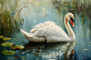 majestic white swan posing on serene lake realistic oil painting - obrazy, fototapety, plakaty