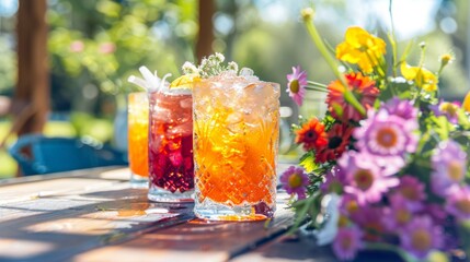 Un assortimento di cocktail estivi dai colori vivaci, presentati su un tavolo all'aperto adornato con fiori freschi, perfetto per promuovere feste ed eventi estivi. - obrazy, fototapety, plakaty