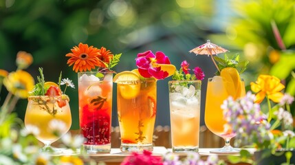 Un assortimento di cocktail estivi dai colori vivaci, presentati su un tavolo all'aperto adornato con fiori freschi, perfetto per promuovere feste ed eventi estivi. - 789548372