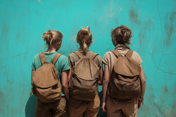 Three teenage girls with safari backpacks on their backs, standing in front of a turquoise blue wall and looking at the wall. It's a summer day, afternoon.