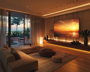 Soft, ambient lighting enhances the cozy feel of the room, creating a welcoming space to gather with family and friends 8K , high-resolution, ultra HD,up32K HD
