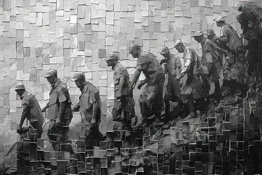 The image depicts the silent struggle of laborers against a mosaic of ceramic tiles, their presence marked by shades of gray amidst the monochromatic backdrop.