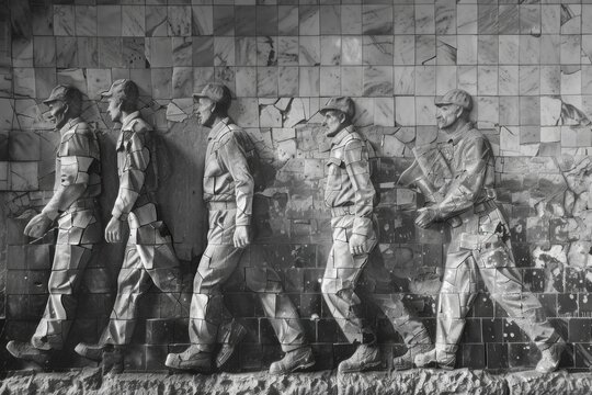 The image portrays a scene of industry, with workers depicted in grayscale tones, blending seamlessly into the mosaic of ceramic tiles beneath their feet.