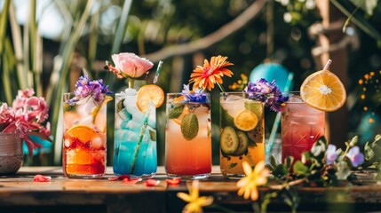 Un assortimento di cocktail estivi dai colori vivaci, presentati su un tavolo all'aperto adornato con fiori freschi, perfetto per promuovere feste ed eventi estivi.