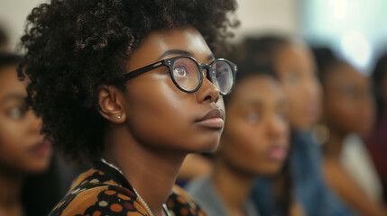 Young Students in Lecture: Afro-American Woman, Glasses, Classroom Setting, Focused Learning, Academic Environment