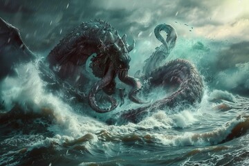 menacing kraken monster emerging from stormy sea digital painting - obrazy, fototapety, plakaty