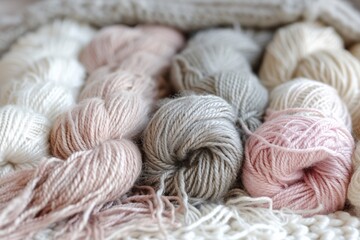 Fototapeta na wymiar An assortment of wool bundles in varying shades of pink and grey, offering a feast of textures for handcrafting.