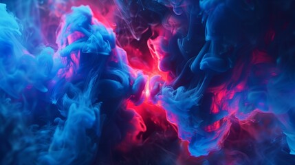 Amidst the vast darkness of an infinite abyss, vibrant tendrils of red and blue ink collide in a mesmerizing dance.