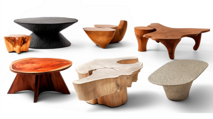A collection of unique designer coffee tables in various shapes and materials, each displayed on a white background to emphasize their artistic designs. , on white background
