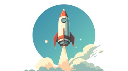 Flat icon of a space rocket with an elongated shadow in format
