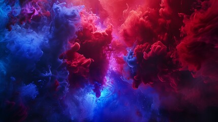 Amidst the vast darkness of an infinite abyss, vibrant tendrils of red and blue ink collide in a mesmerizing dance. - obrazy, fototapety, plakaty